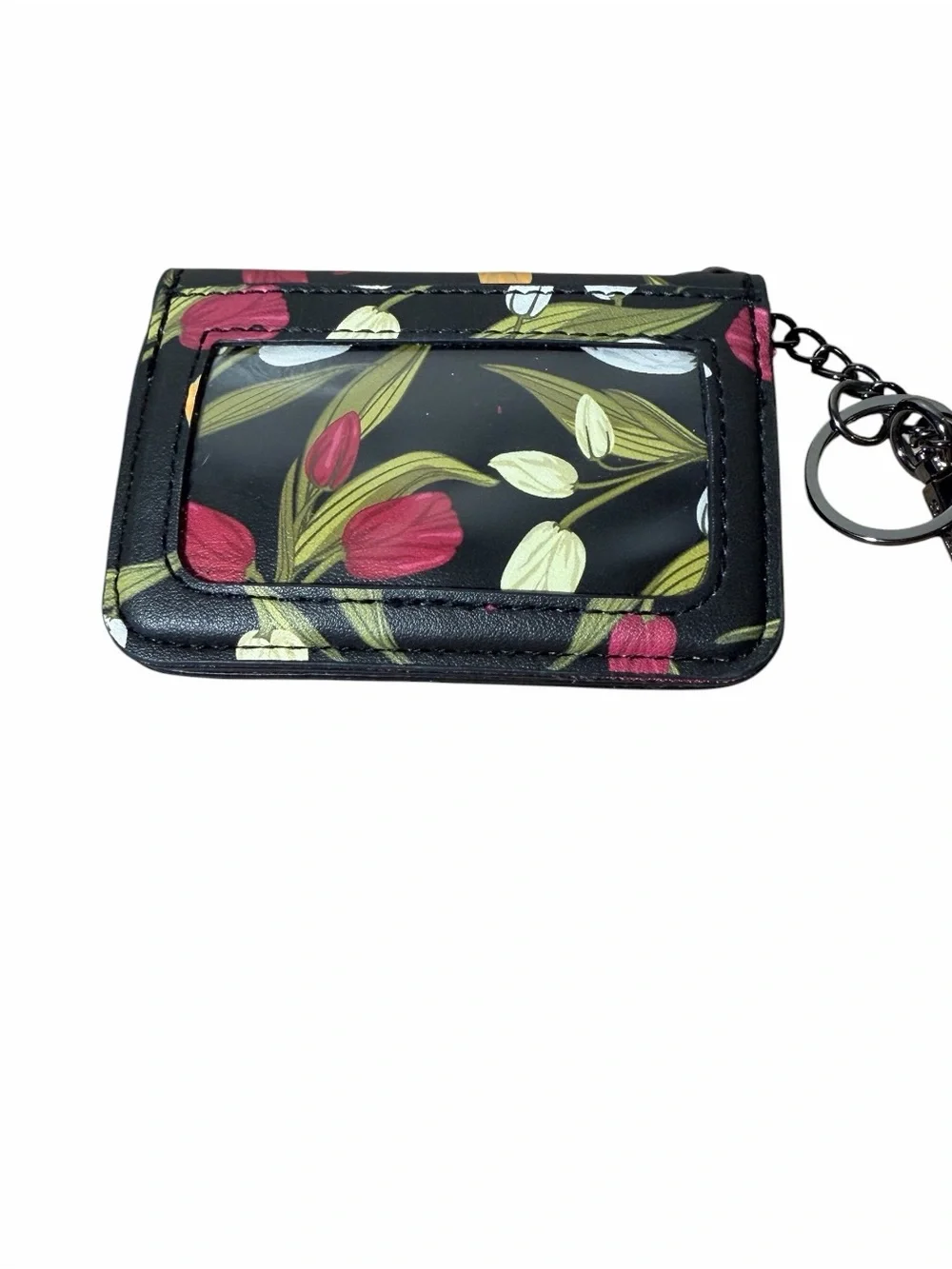 Steve Madden Black Floral Key & Card Holder with Pink and White Tulips